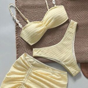 SHEIN Lemon Yellow Ribbed Bikini Set with Beaded Straps